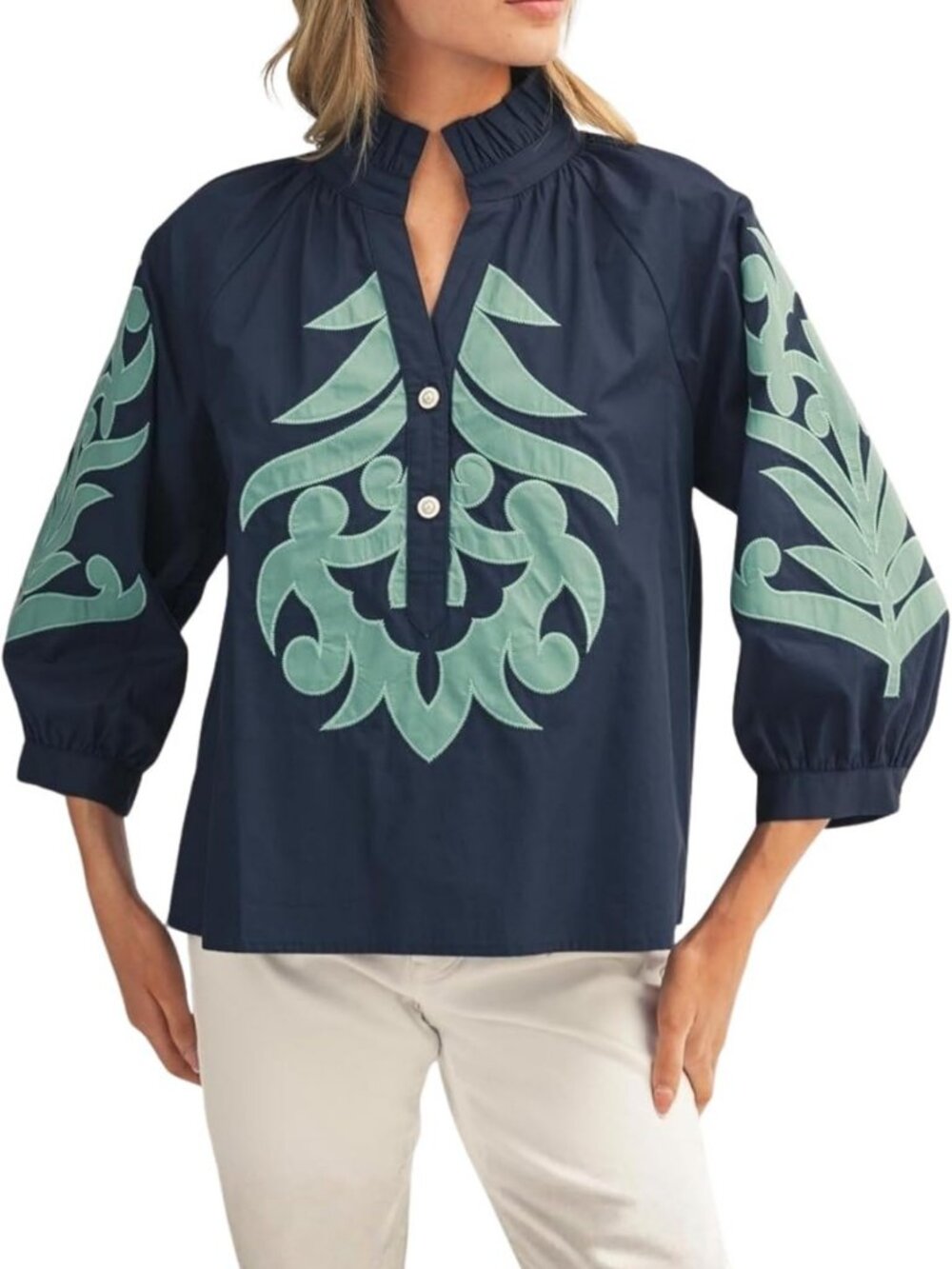 Floral Embroidered Ruffled V-Neck Blouse | 3/4 Puff Sleeve Top | Chic Applique